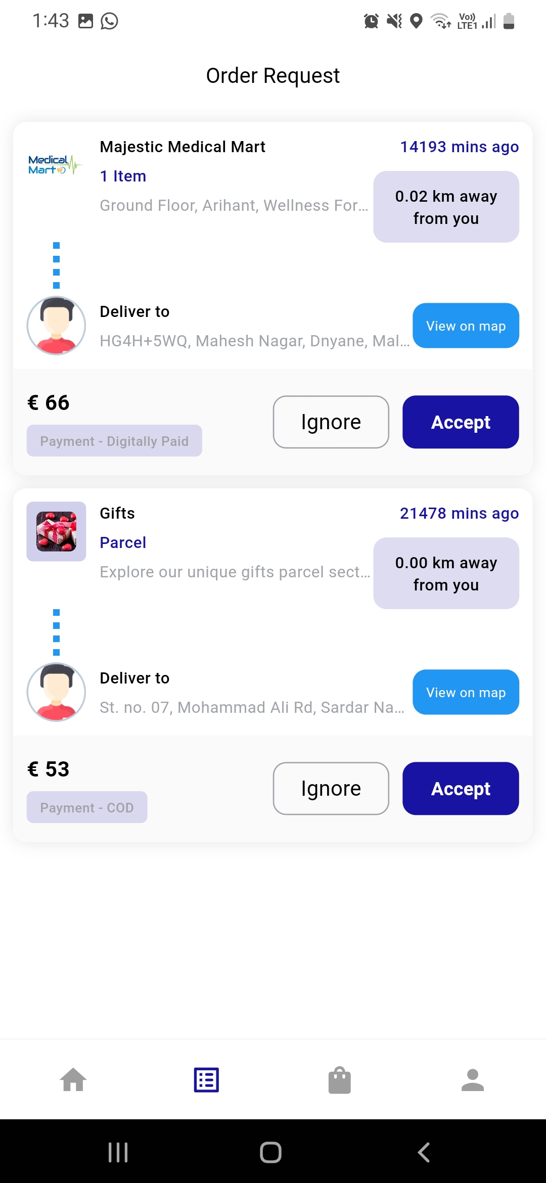 Parcel delivery app — Order Request