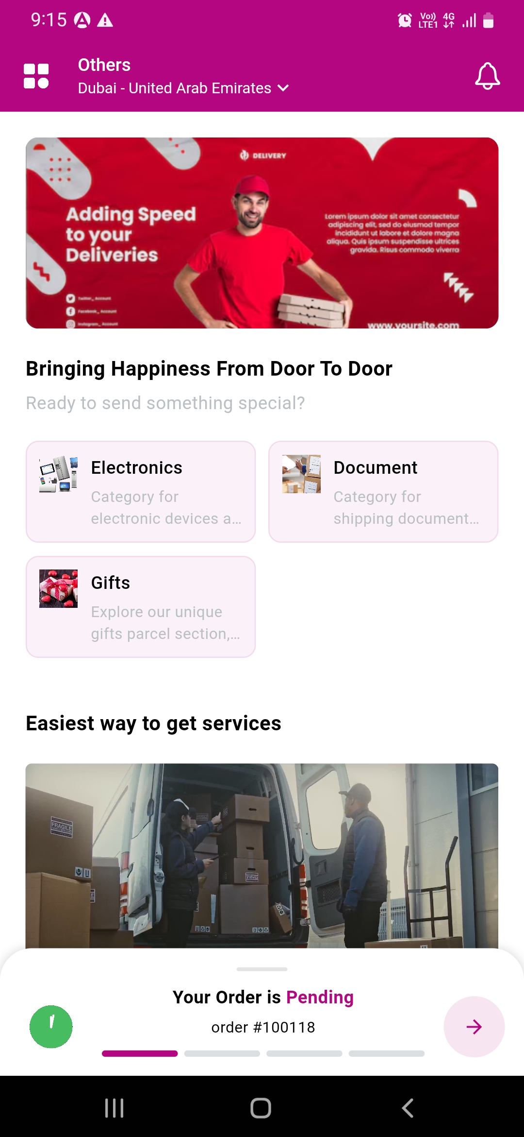 Parcel user app — Home Page