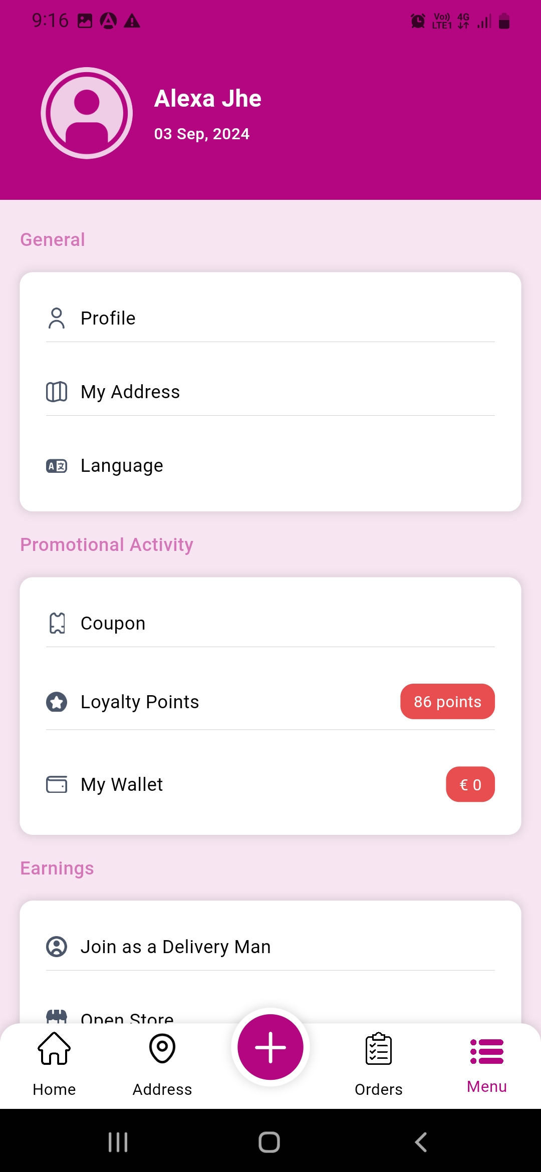 Parcel user app — Menu