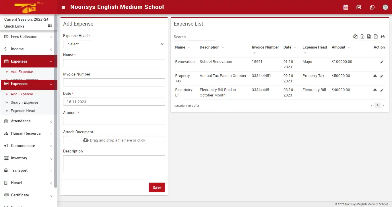 School management — accountant panel — Expenses