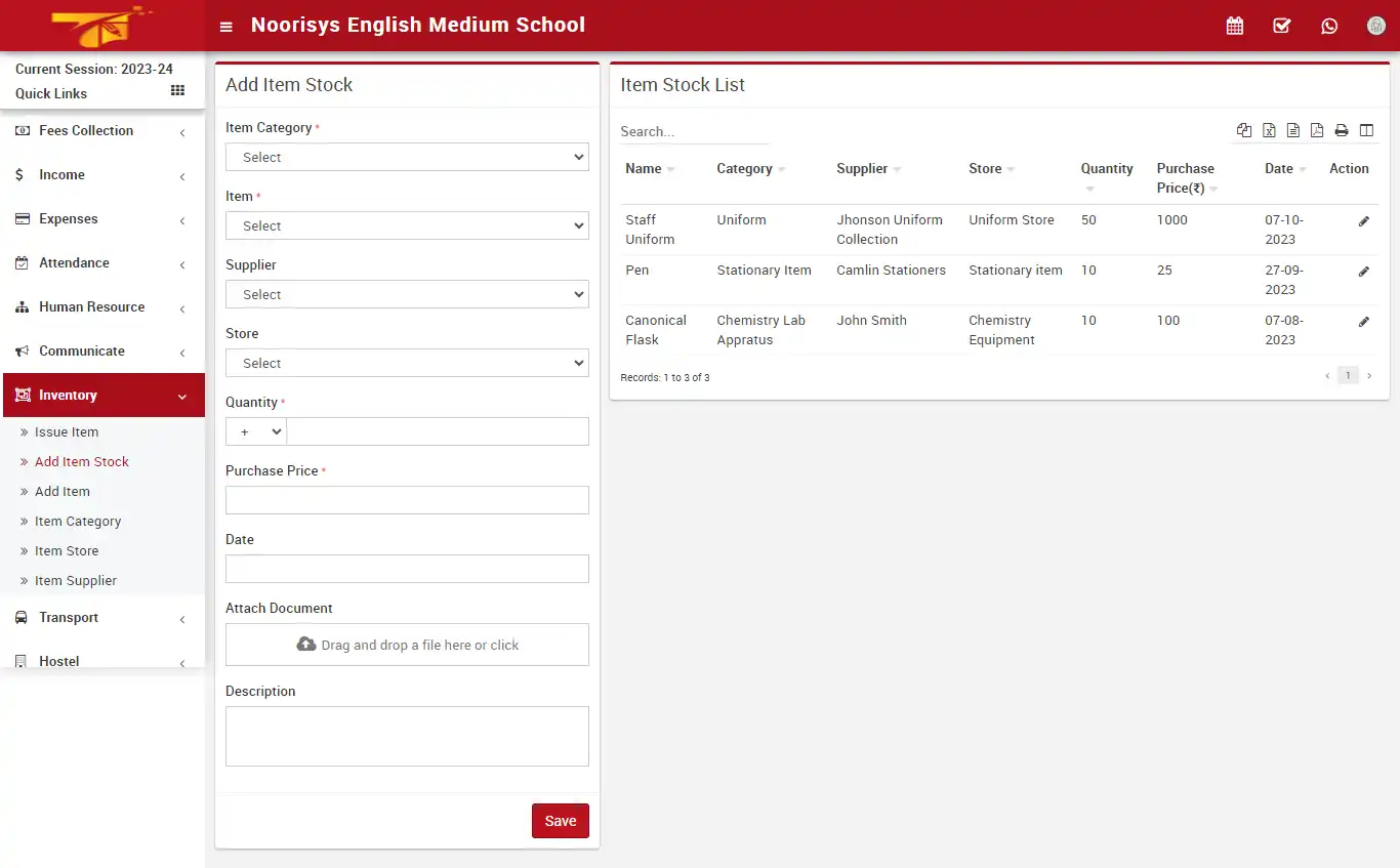 School management — accountant panel — Inventory Add Item