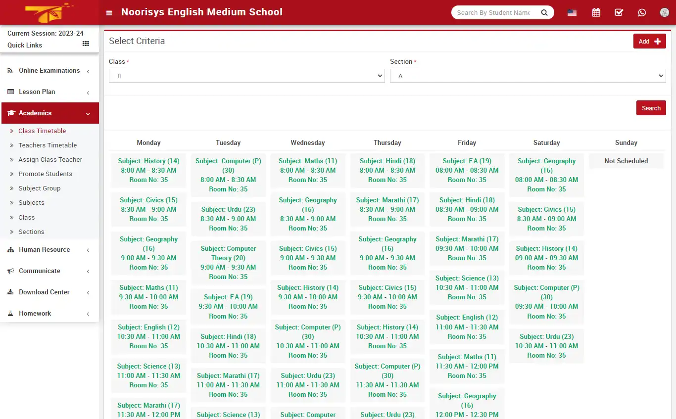 School management — admin panel — Academics