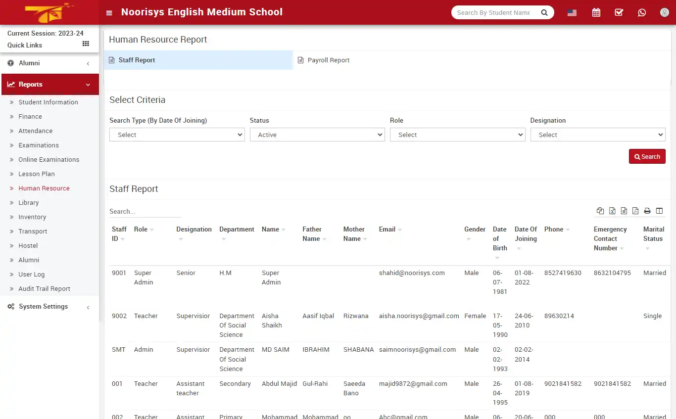 School management — admin panel — Reports Human Resource