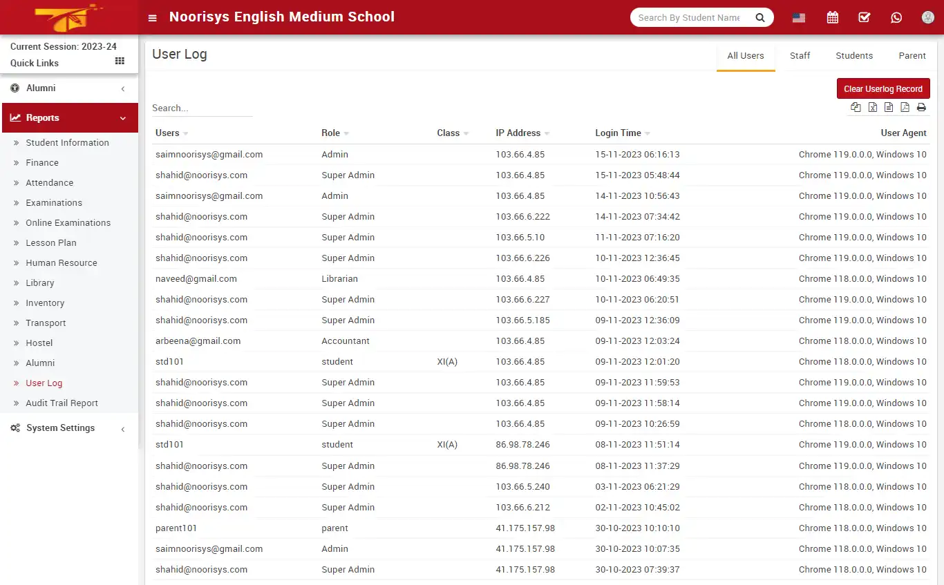 School management — admin panel — Reports User Log