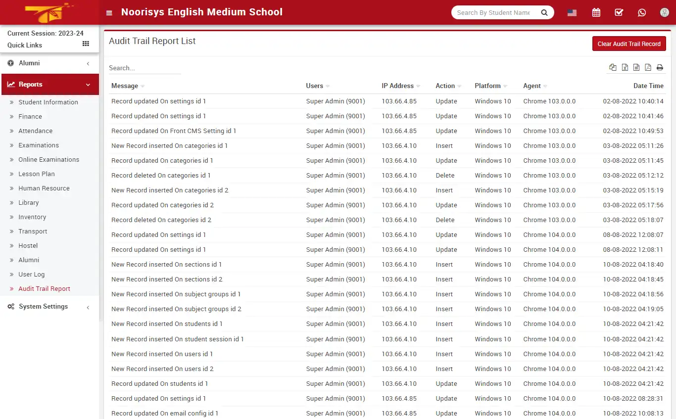 School management — admin panel — Audit Trail Report