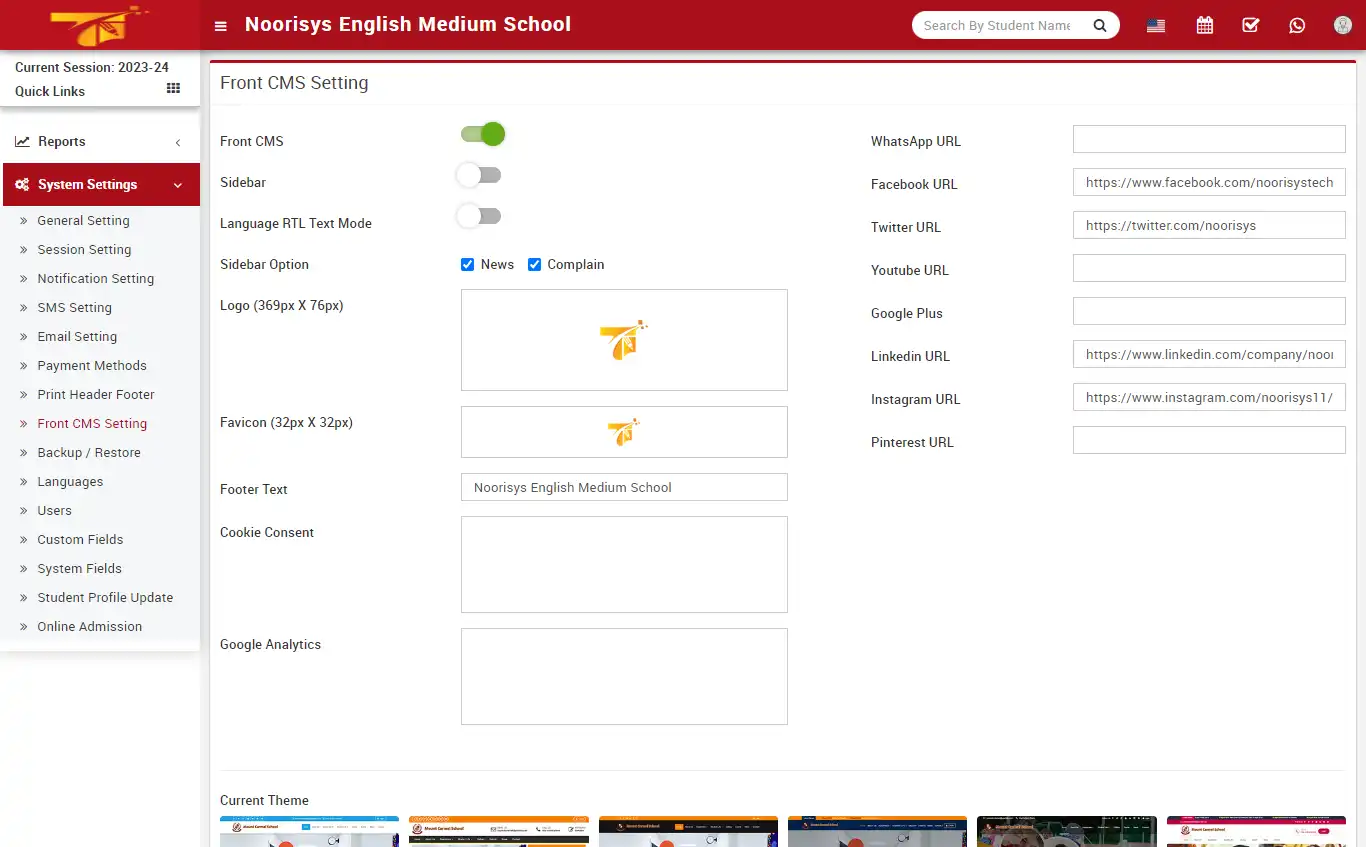 School management — admin panel — Front CMS Setting