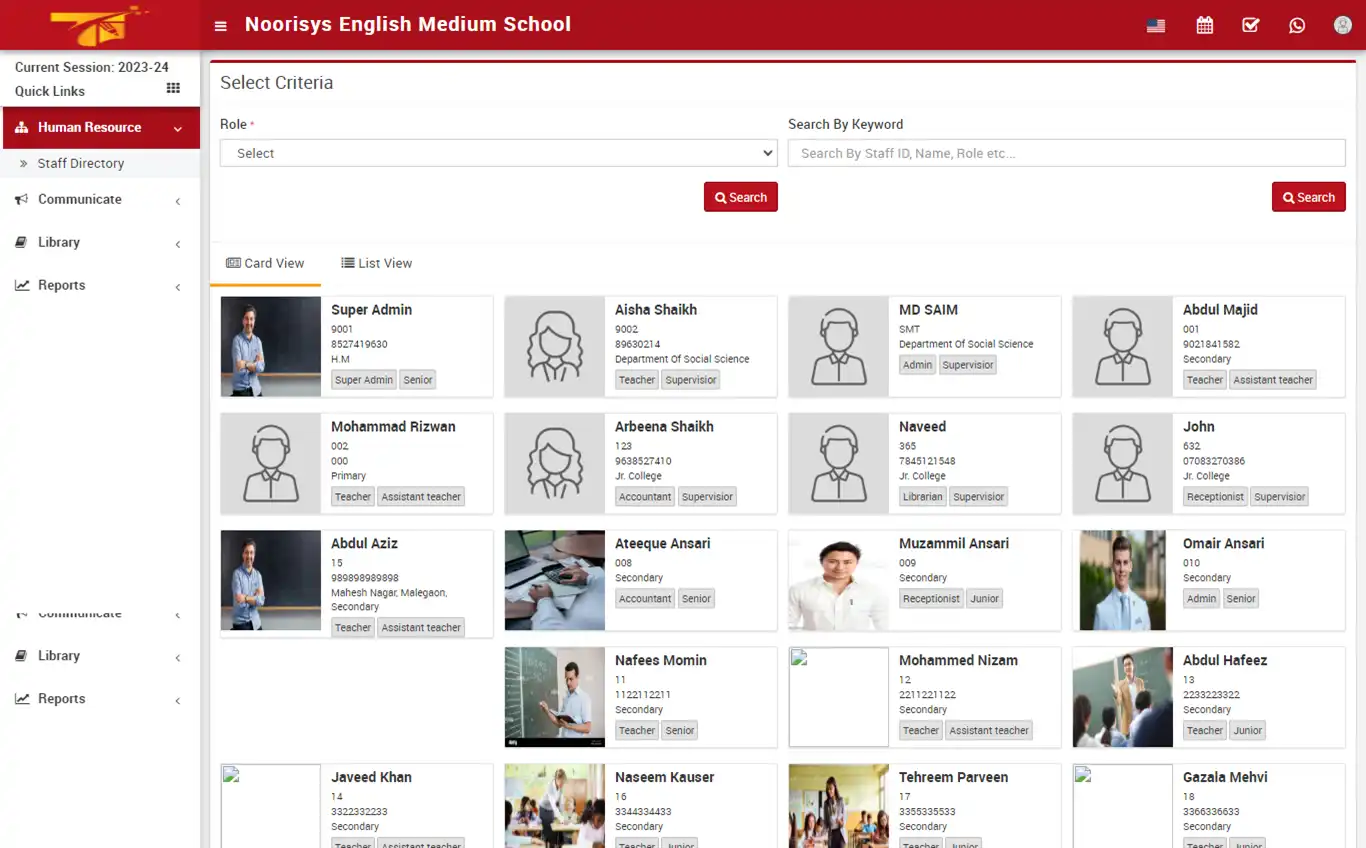 School management — librarian panel — Human Resource