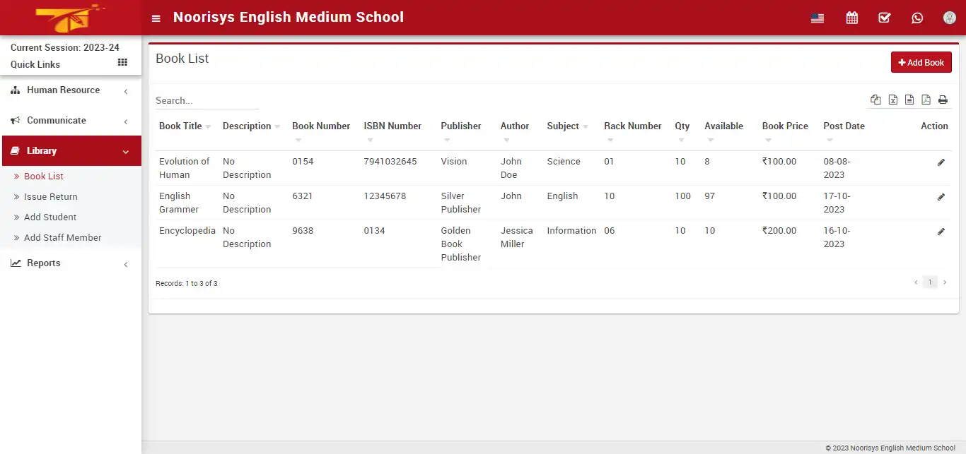 School management — librarian panel — Book List