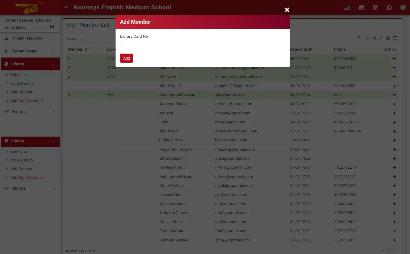 School management — librarian panel — Add Member