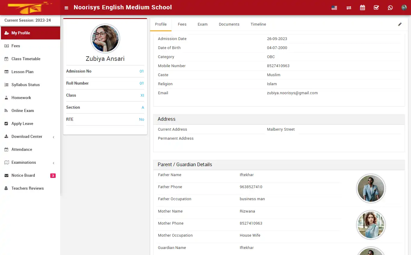School management — student panel — My Profile