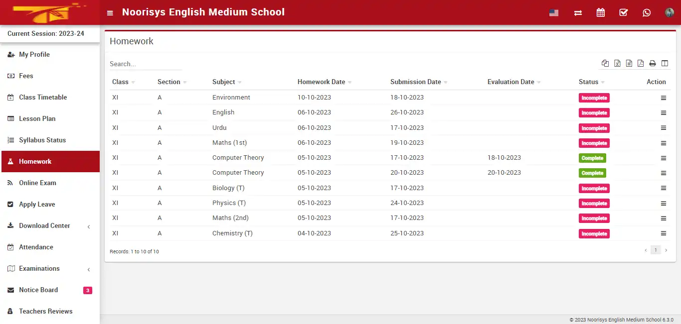 School management — student panel — Homework