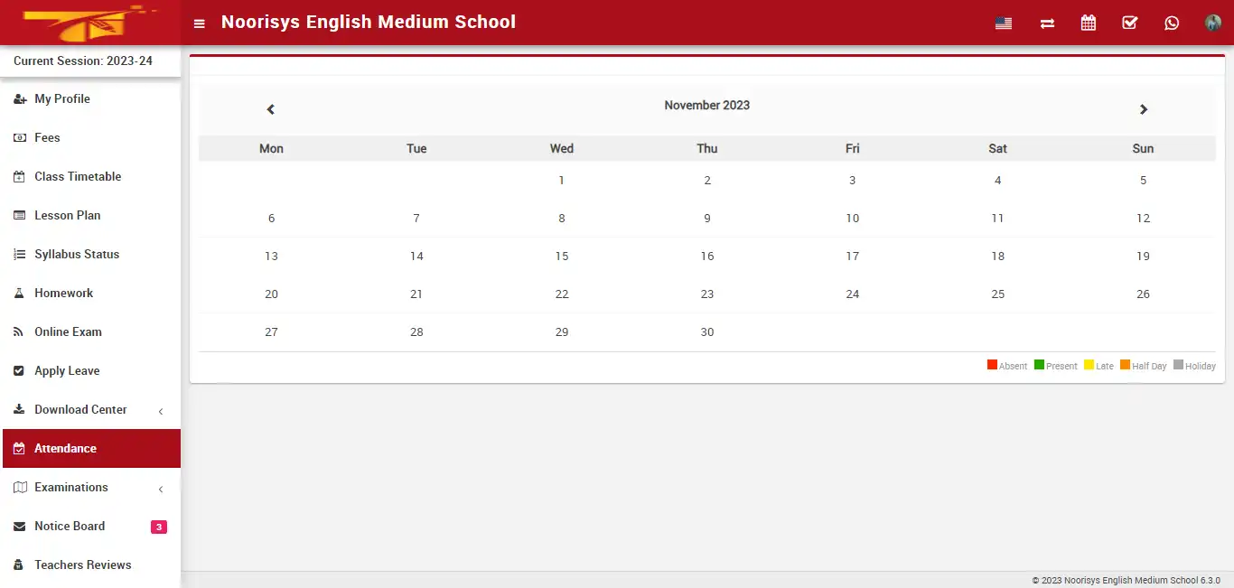 School management — student panel — Attendance