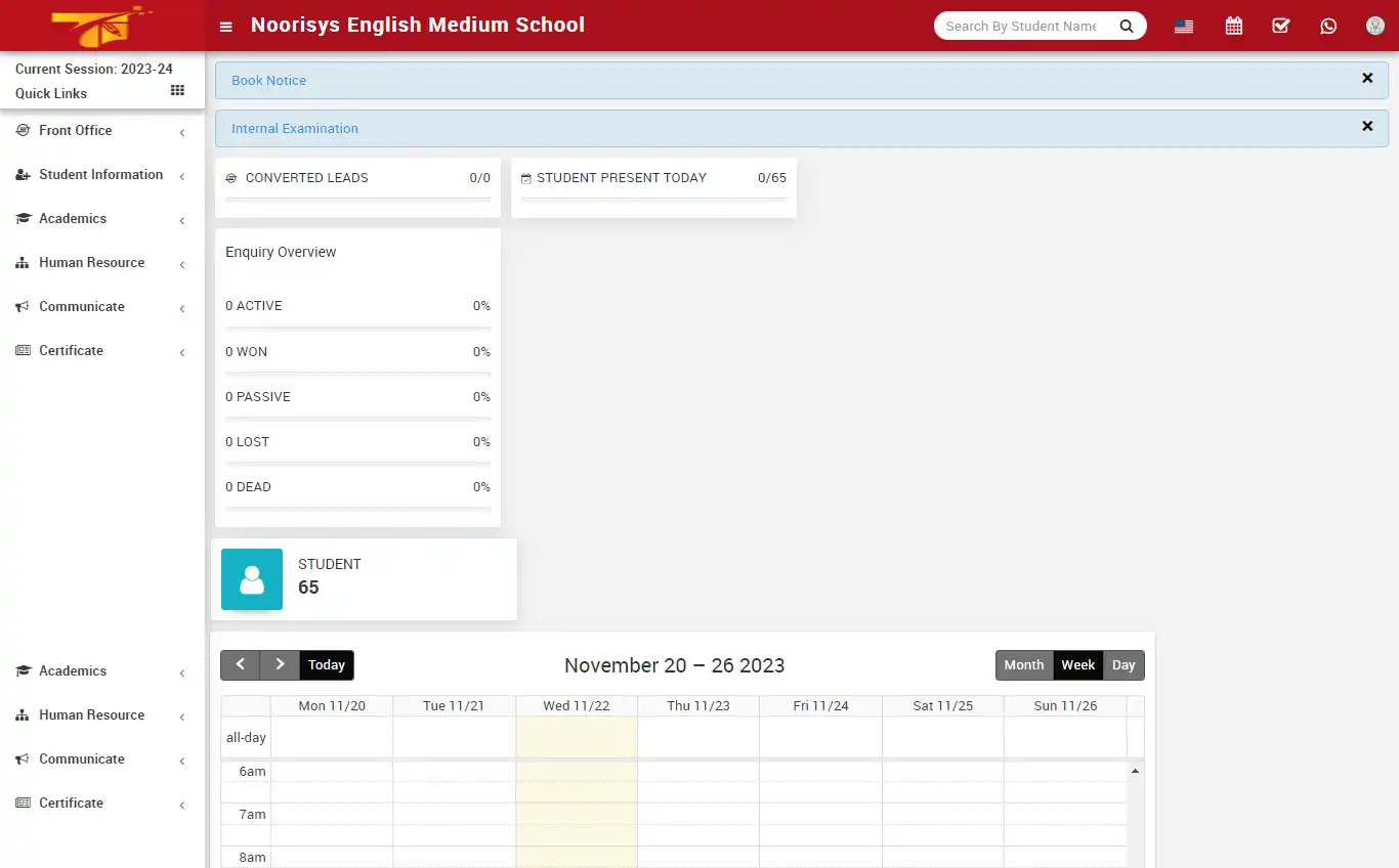 School management — receptionist panel — Dashboard