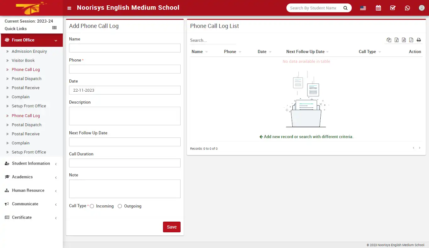 School management — receptionist panel — Phone Call Log