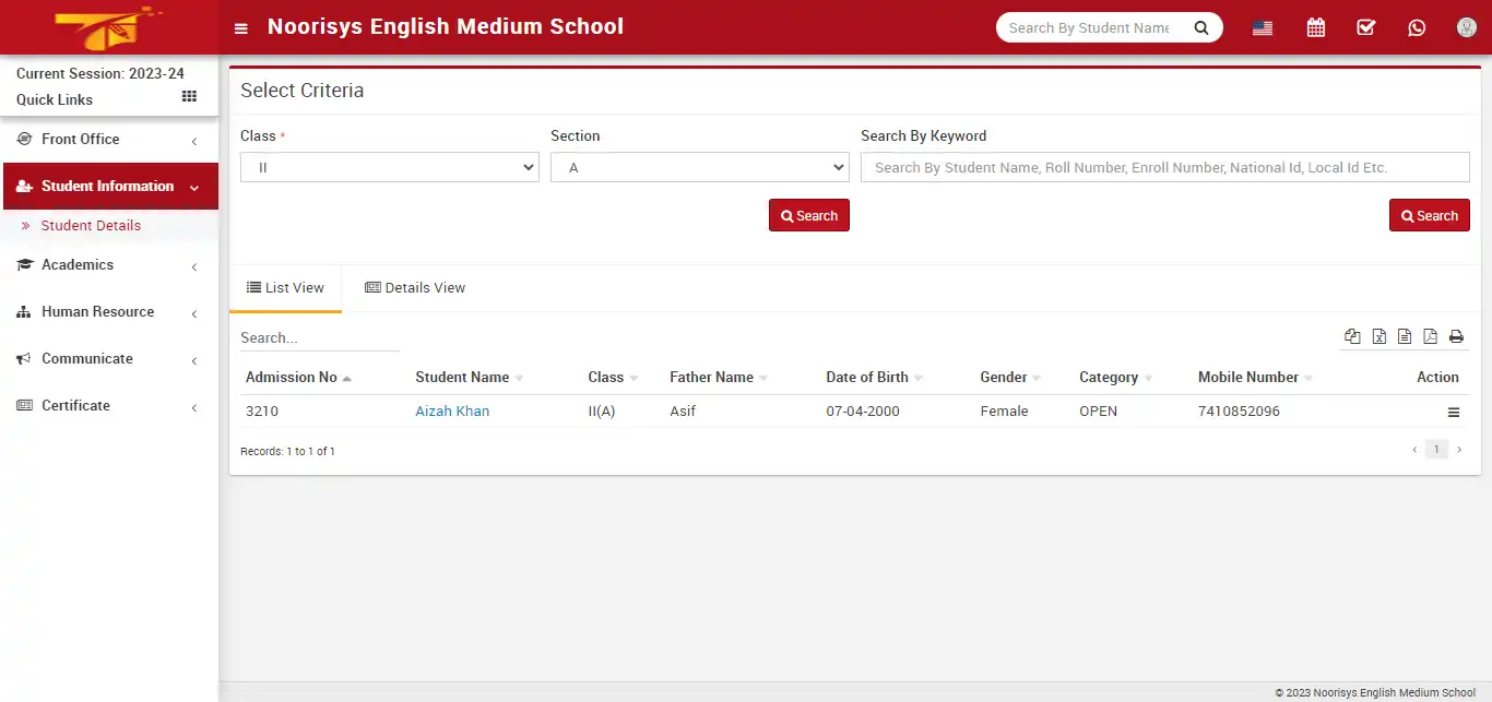 School management — receptionist panel — Student Information