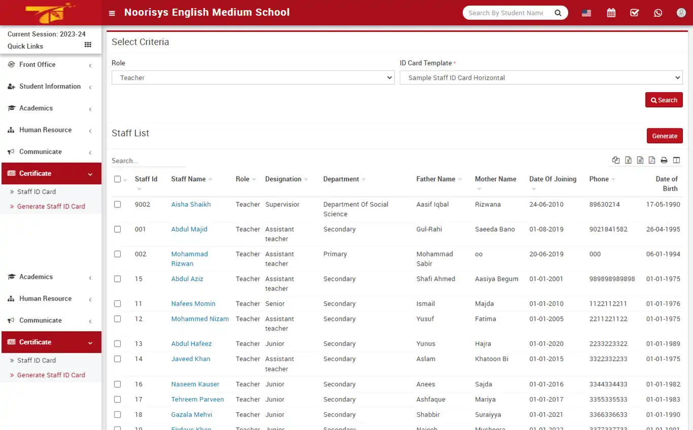 School management — receptionist panel — Generate Staff ID Card