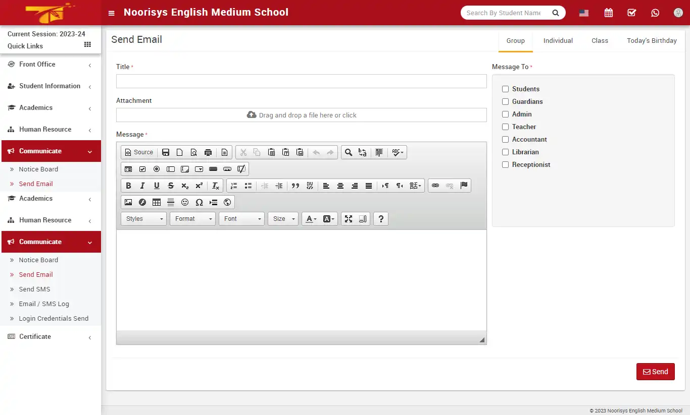 School management — receptionist panel — Communicate Send Email