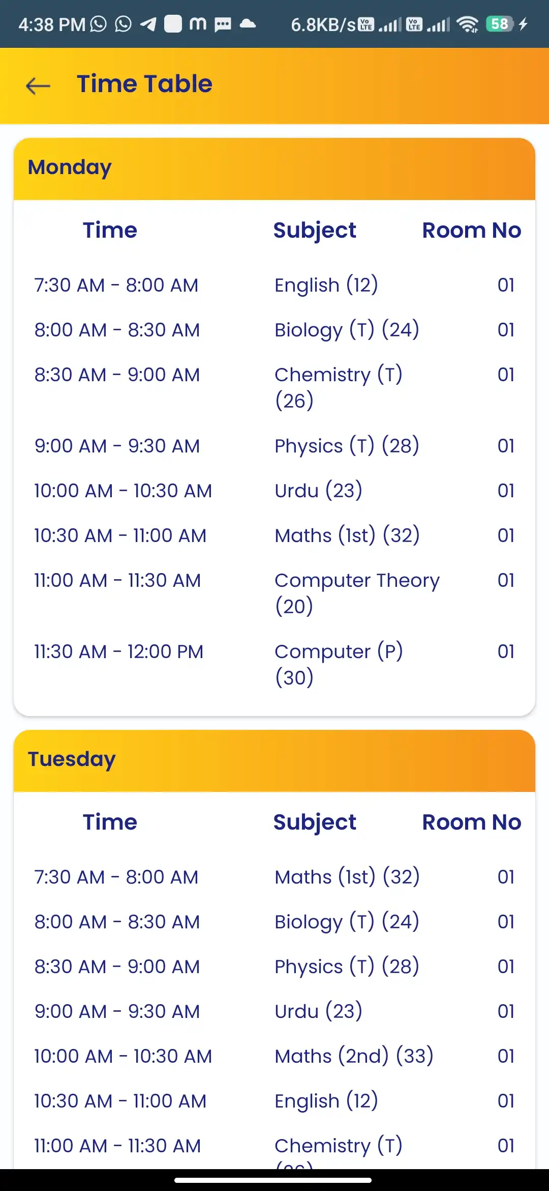 School management — student app — Time Table