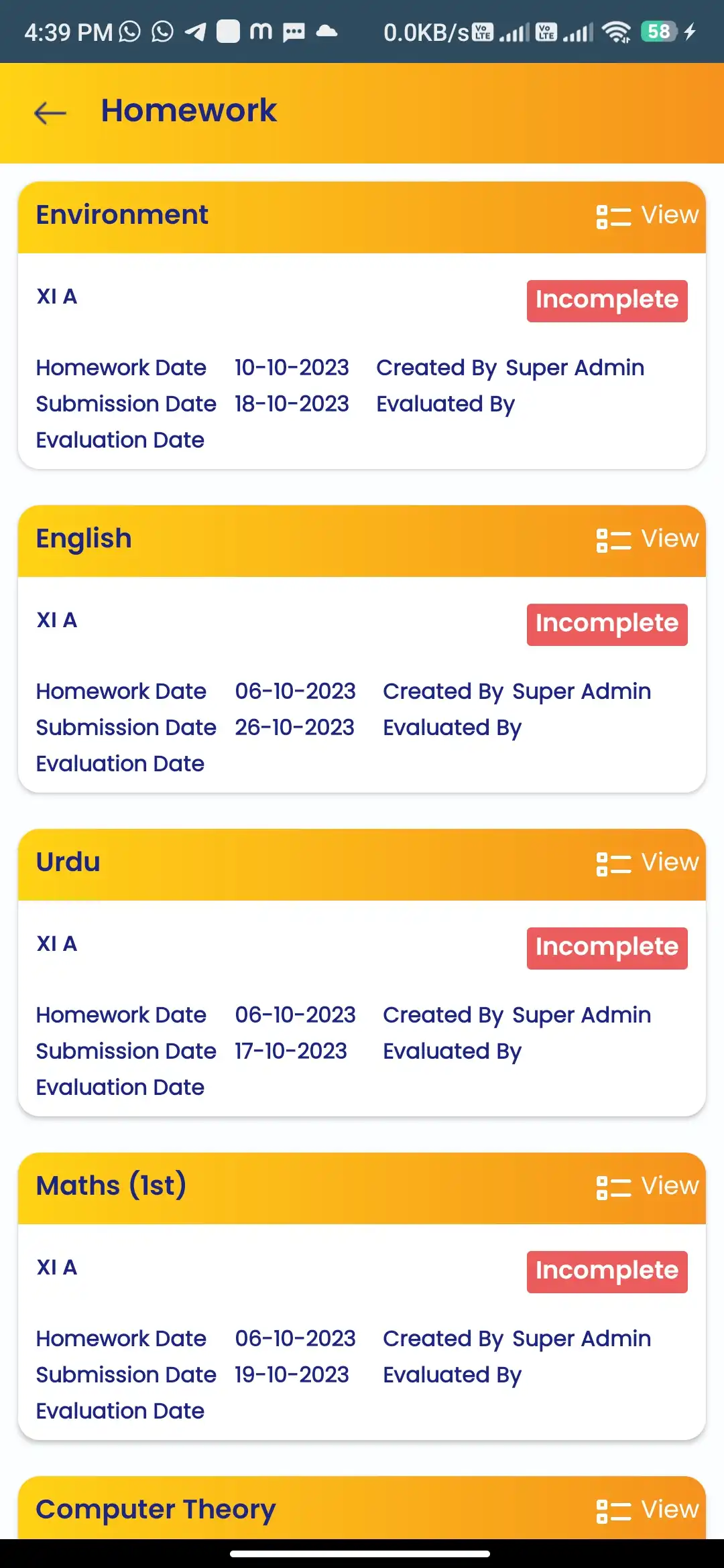 School management — student app — Homework