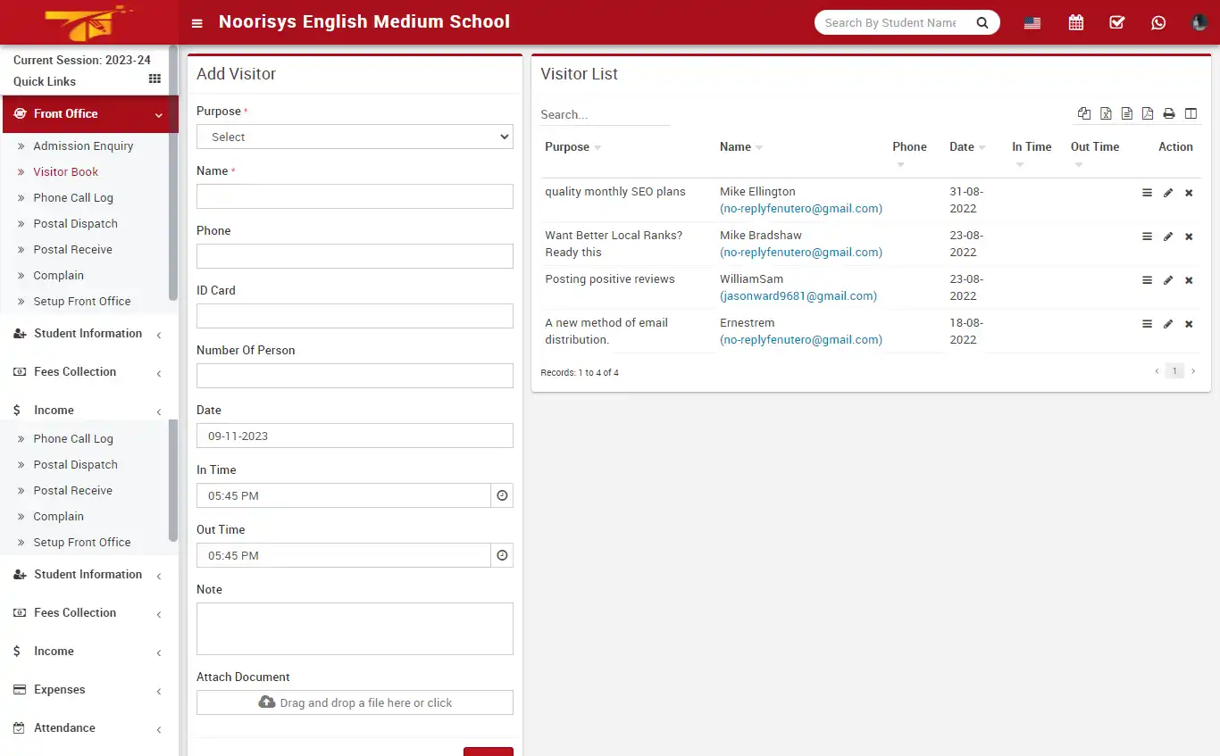 School management — super admin panel — Front Office