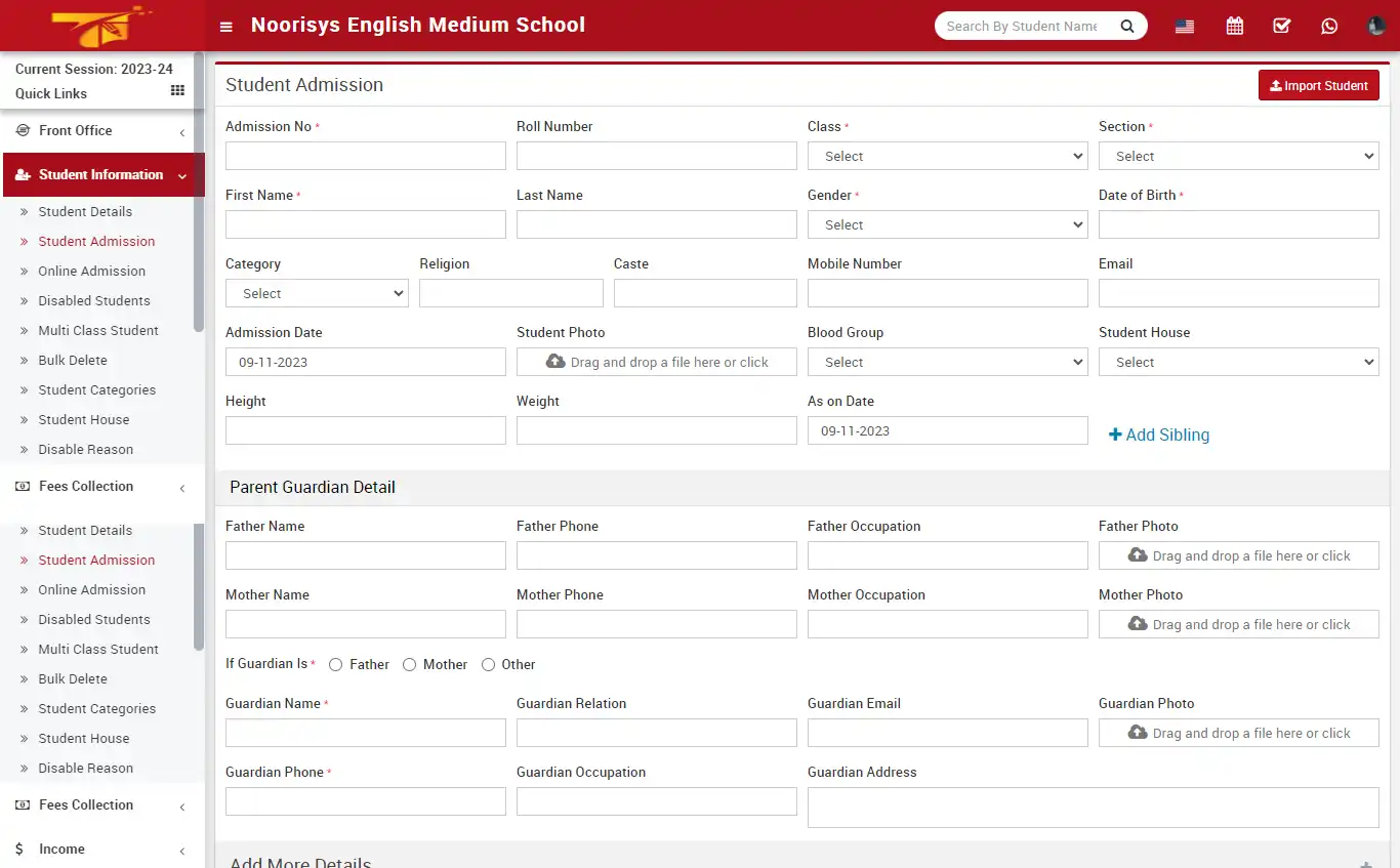 School management — super admin panel — Student Information