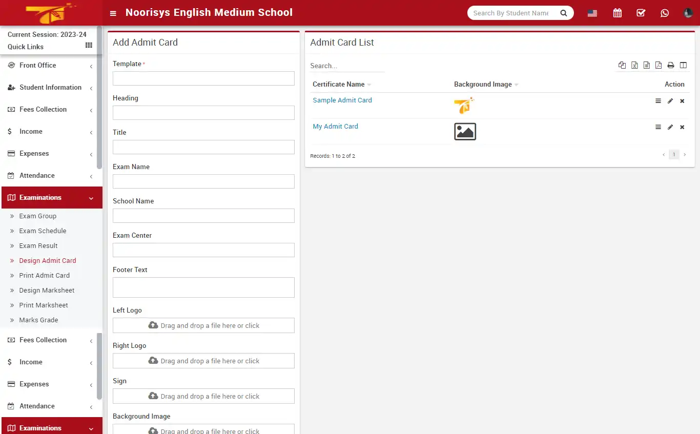 School management — super admin panel — Examinations