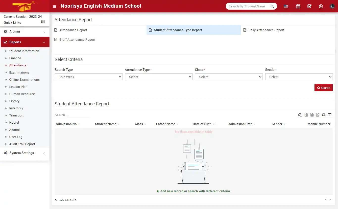 School management — super admin panel — Reports Attendance