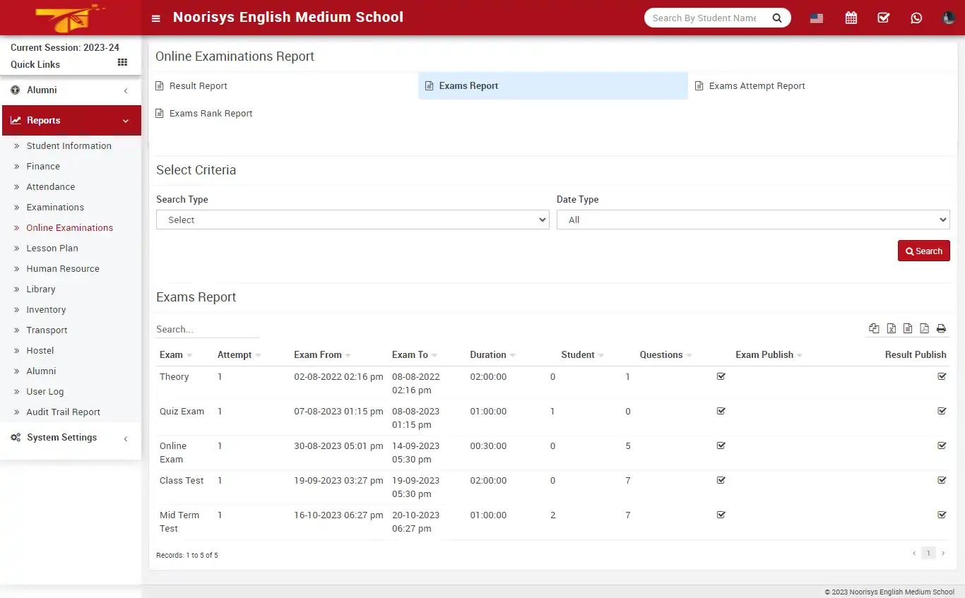 School management — super admin panel — Reports Online Examinations