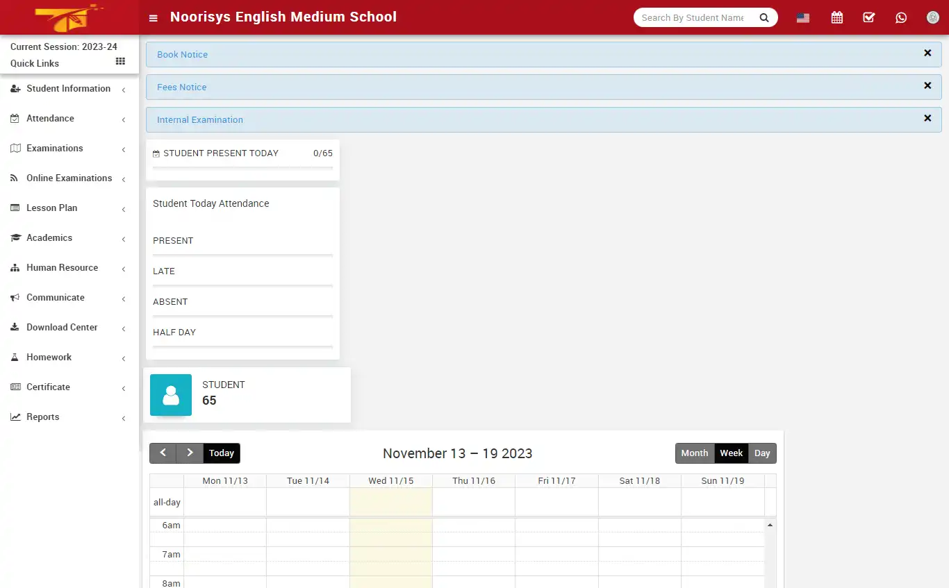 School management — teacher panel — Dashboard