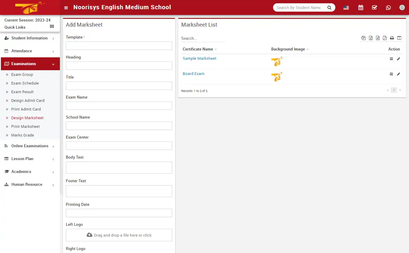 School management — teacher panel — Examination Design Marksheet