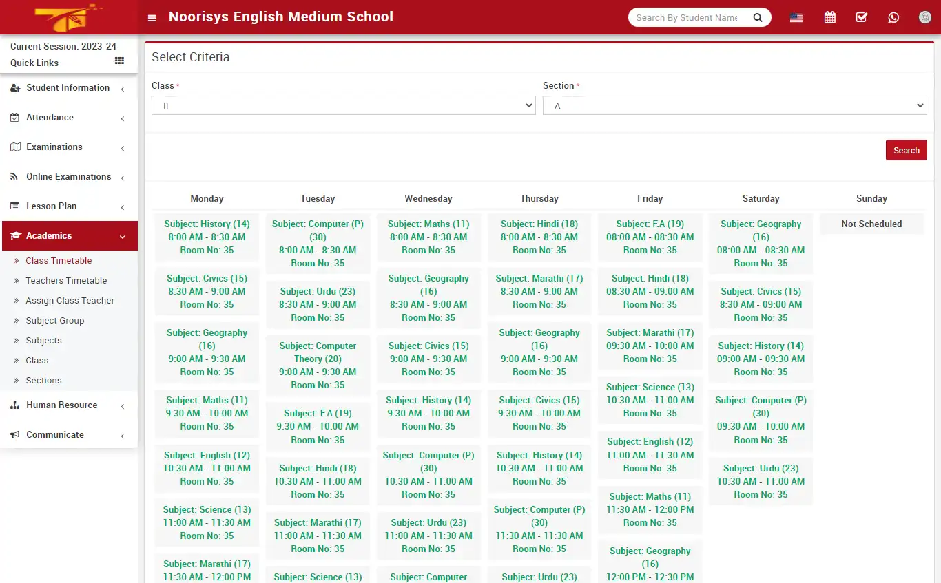 School management — teacher panel — Academics Class Timetable