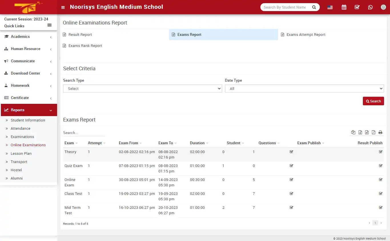 School management — teacher panel — Reports Online Examination
