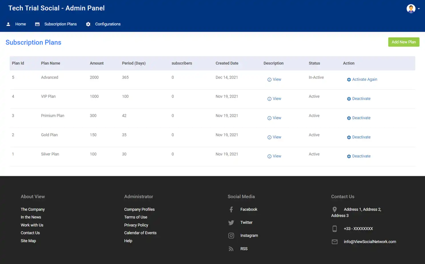 Social platform — admin panel — Subscription Plans