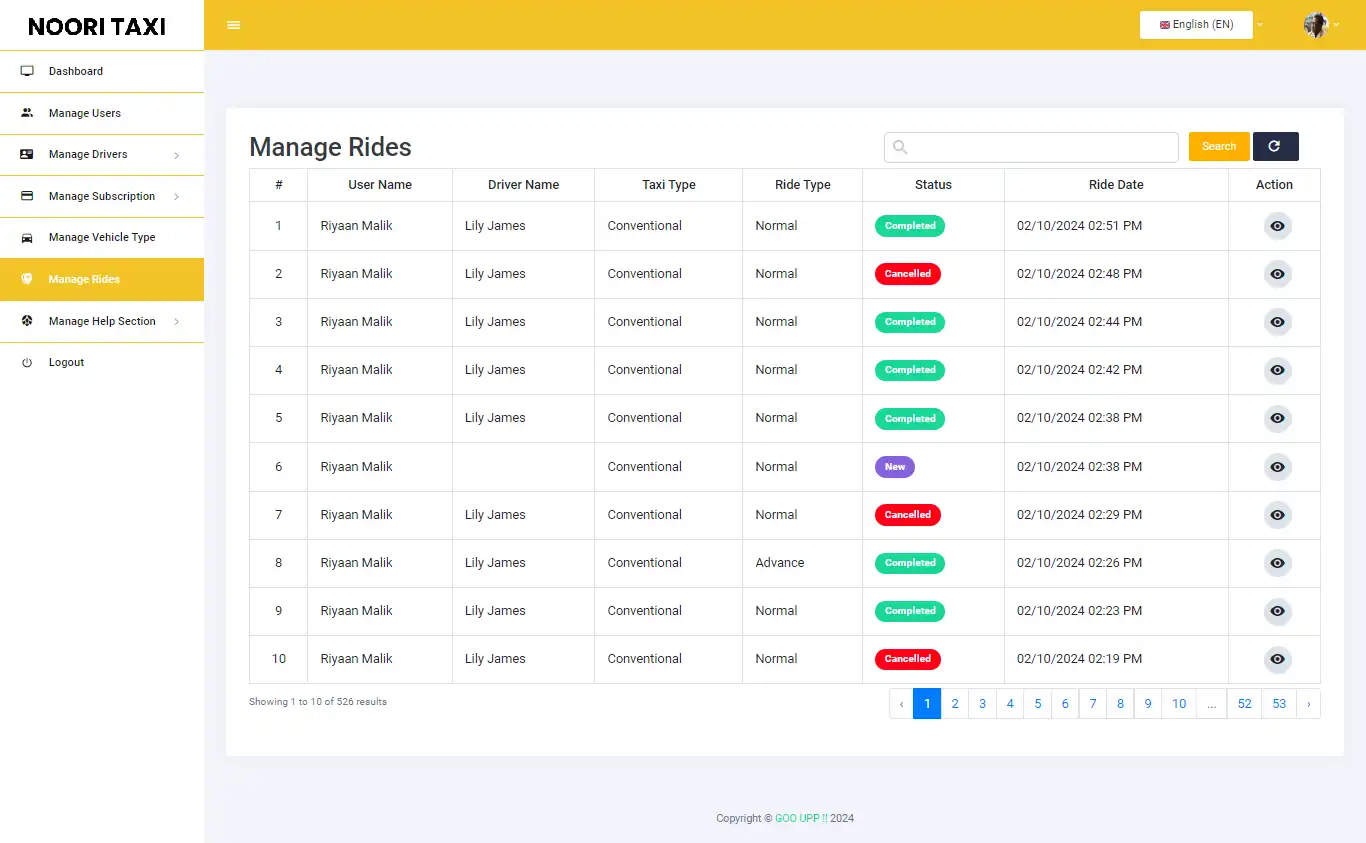Taxi App Subscription — admin — Manage Rides