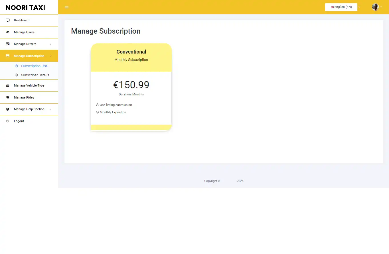 Taxi App Subscription — admin — Manage Subscriptions