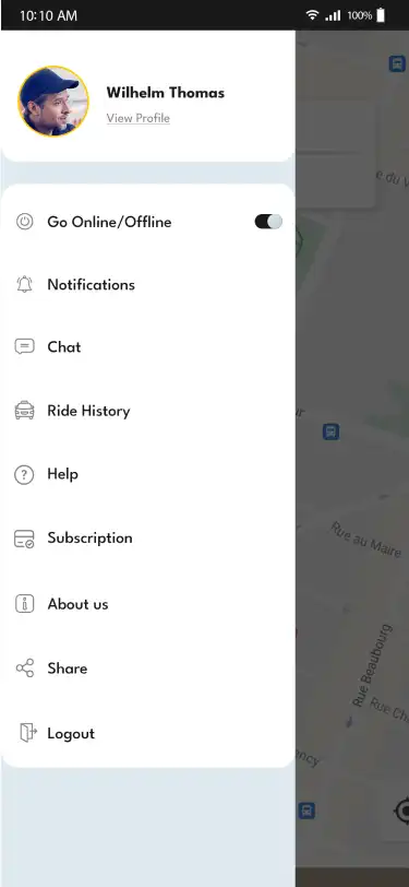 Taxi App Subscription — driver — Menu
