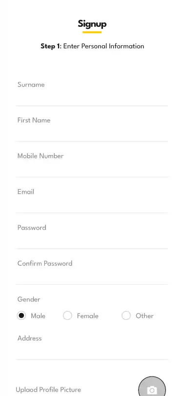Taxi App Subscription — driver — Signup Personal Information