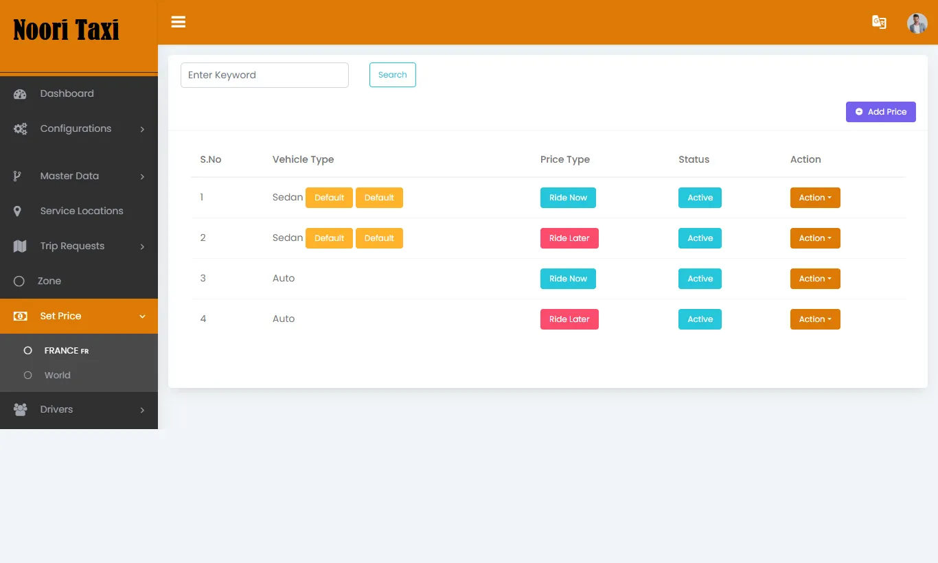 Taxi App — Admin Panel — Set Price - France