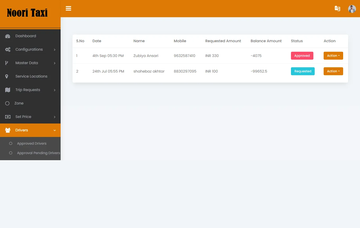 Taxi App — Admin Panel — Withdrawal Request