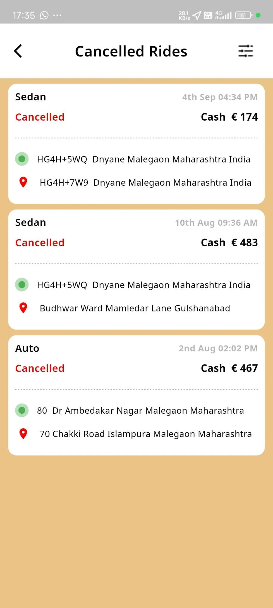 Taxi App — Driver App — Canceled Rides