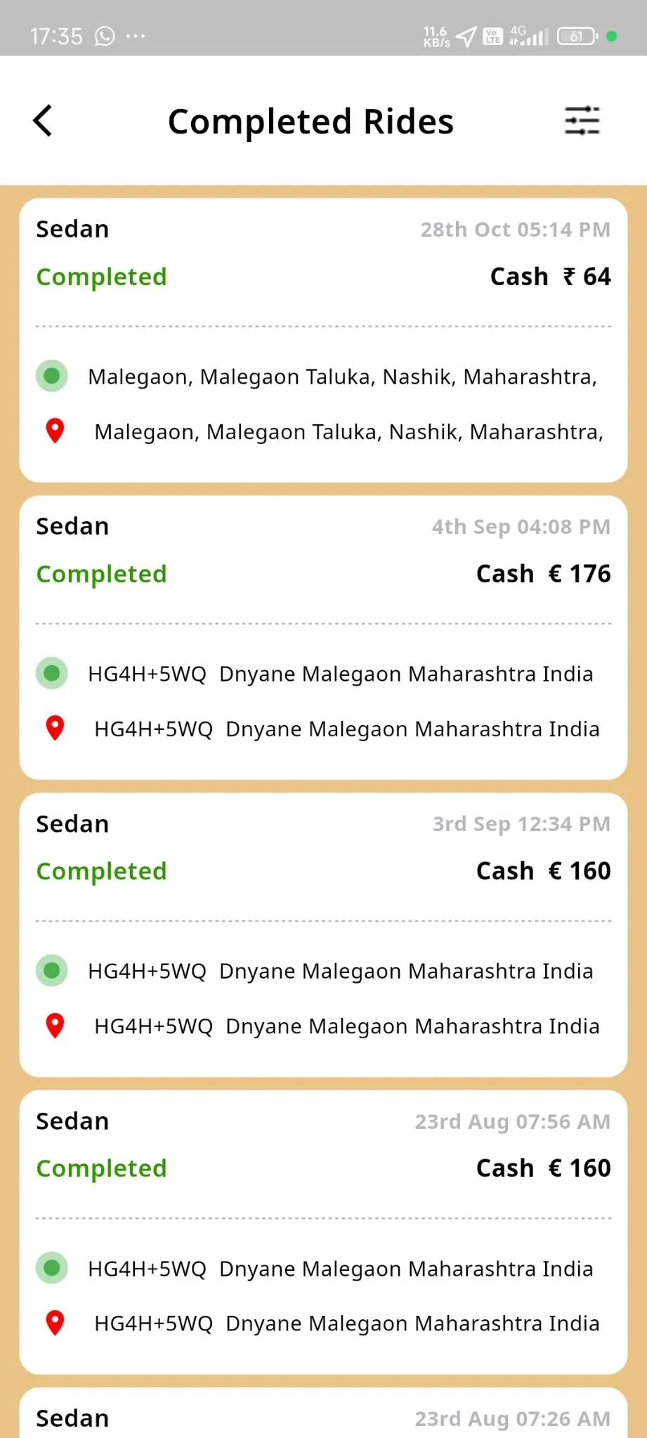 Taxi App — Driver App — Completed Rides