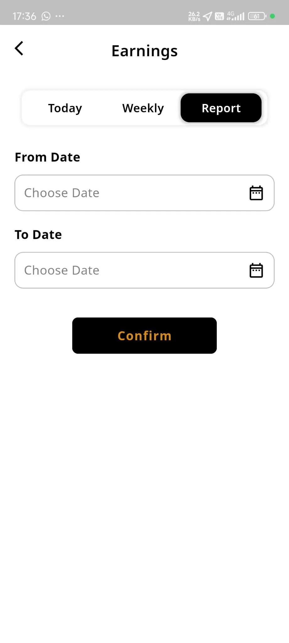 Taxi App — Driver App — Earning Report by Date