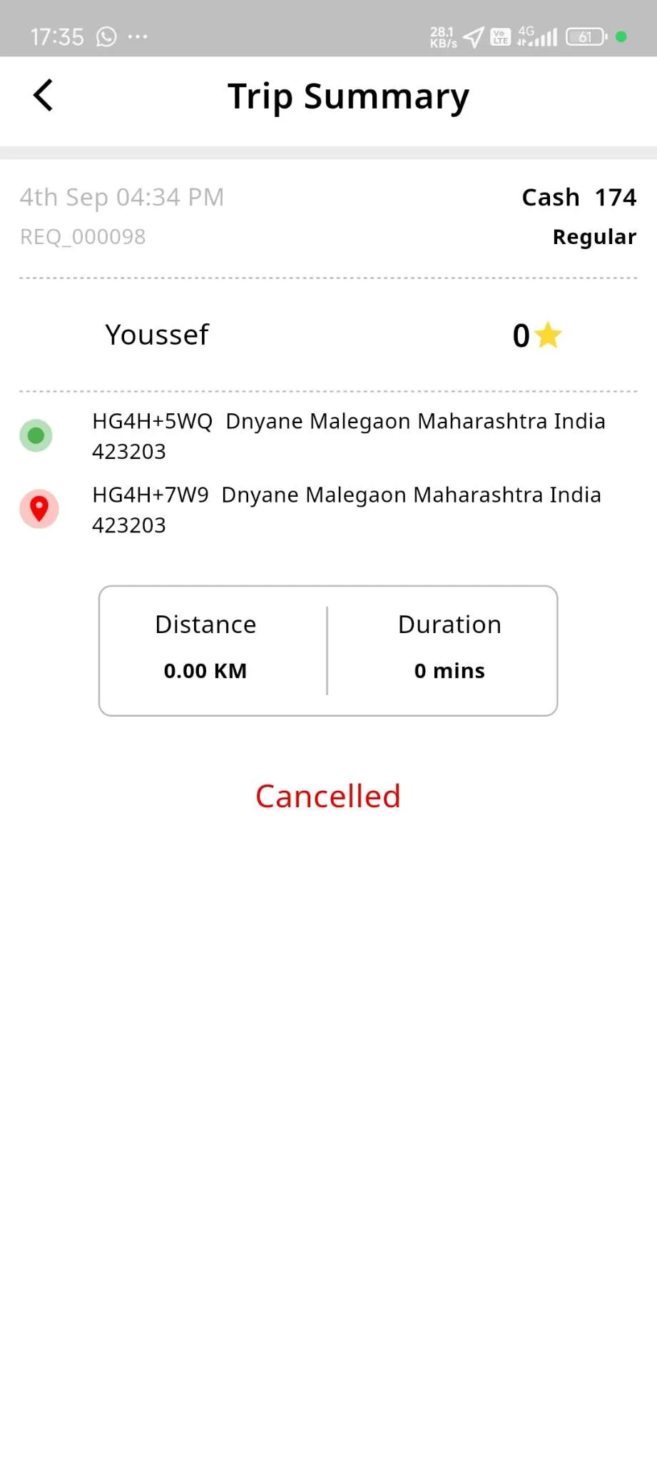 Taxi App — User App — Cancelled Rides