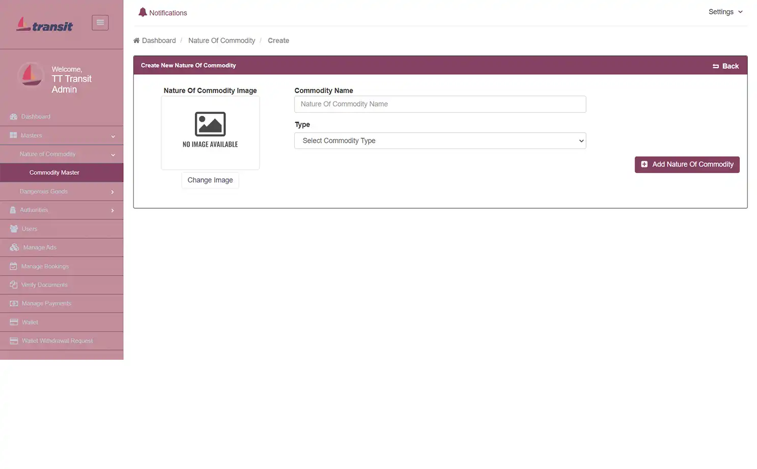 Transport management — admin — Create New Commodity