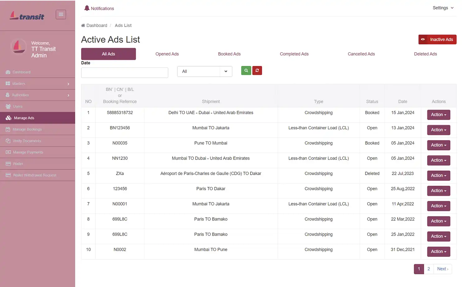Transport management — admin — Active Ads