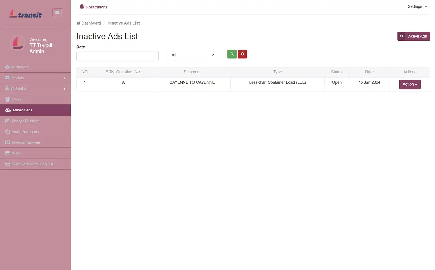 Transport management — admin — Inactive Ads