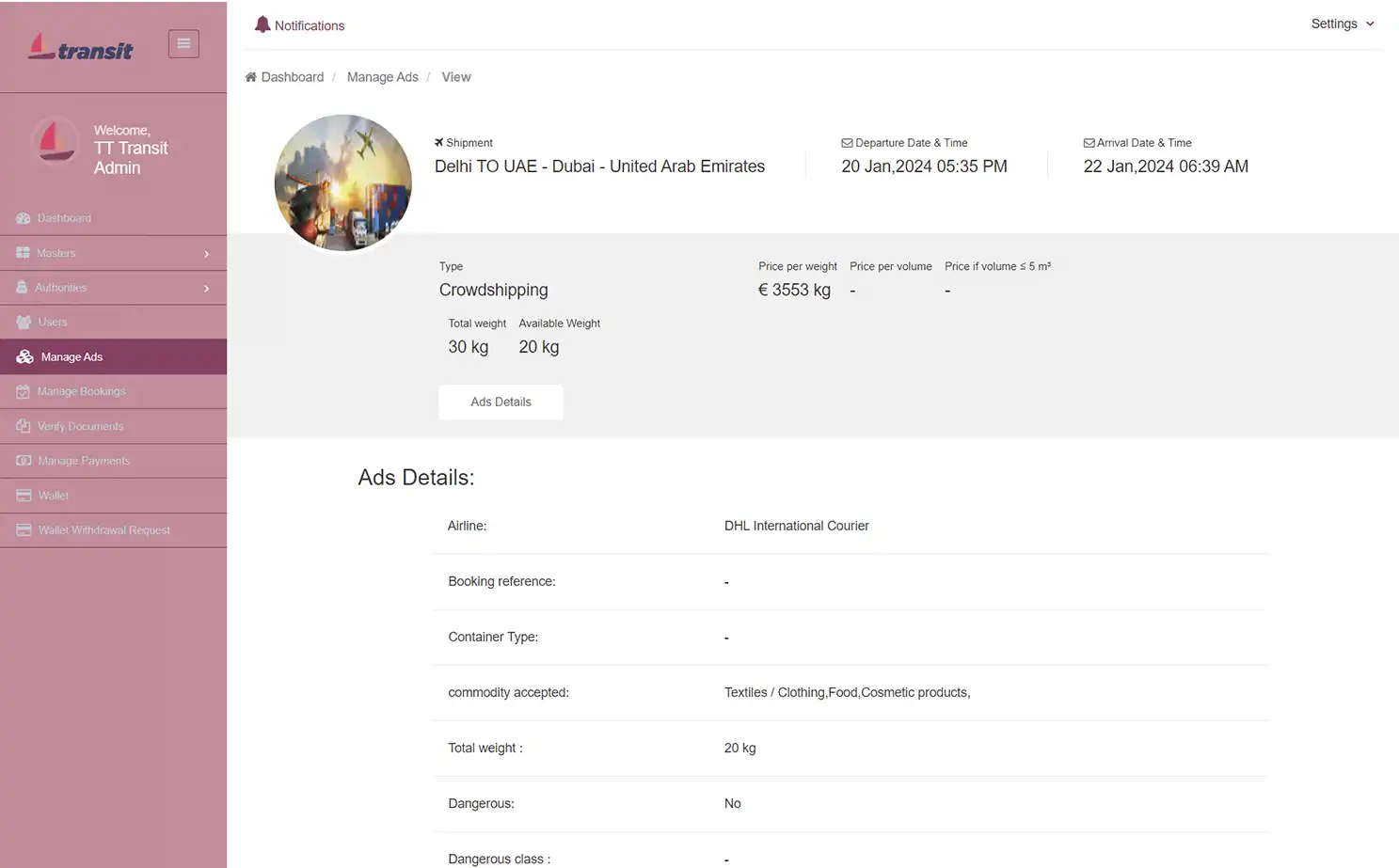 Transport management — admin — Ads Details