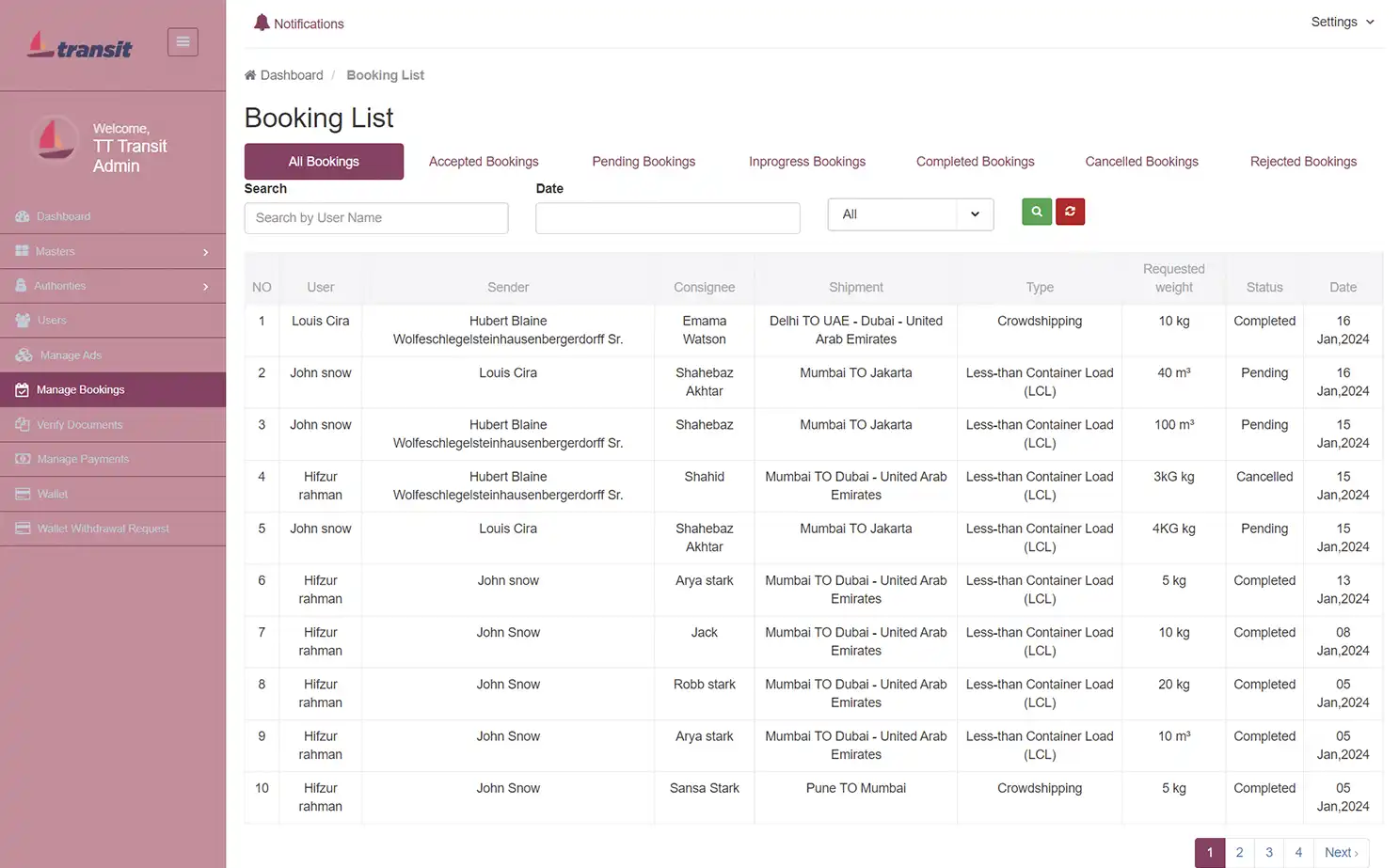Transport management — admin — Booking List