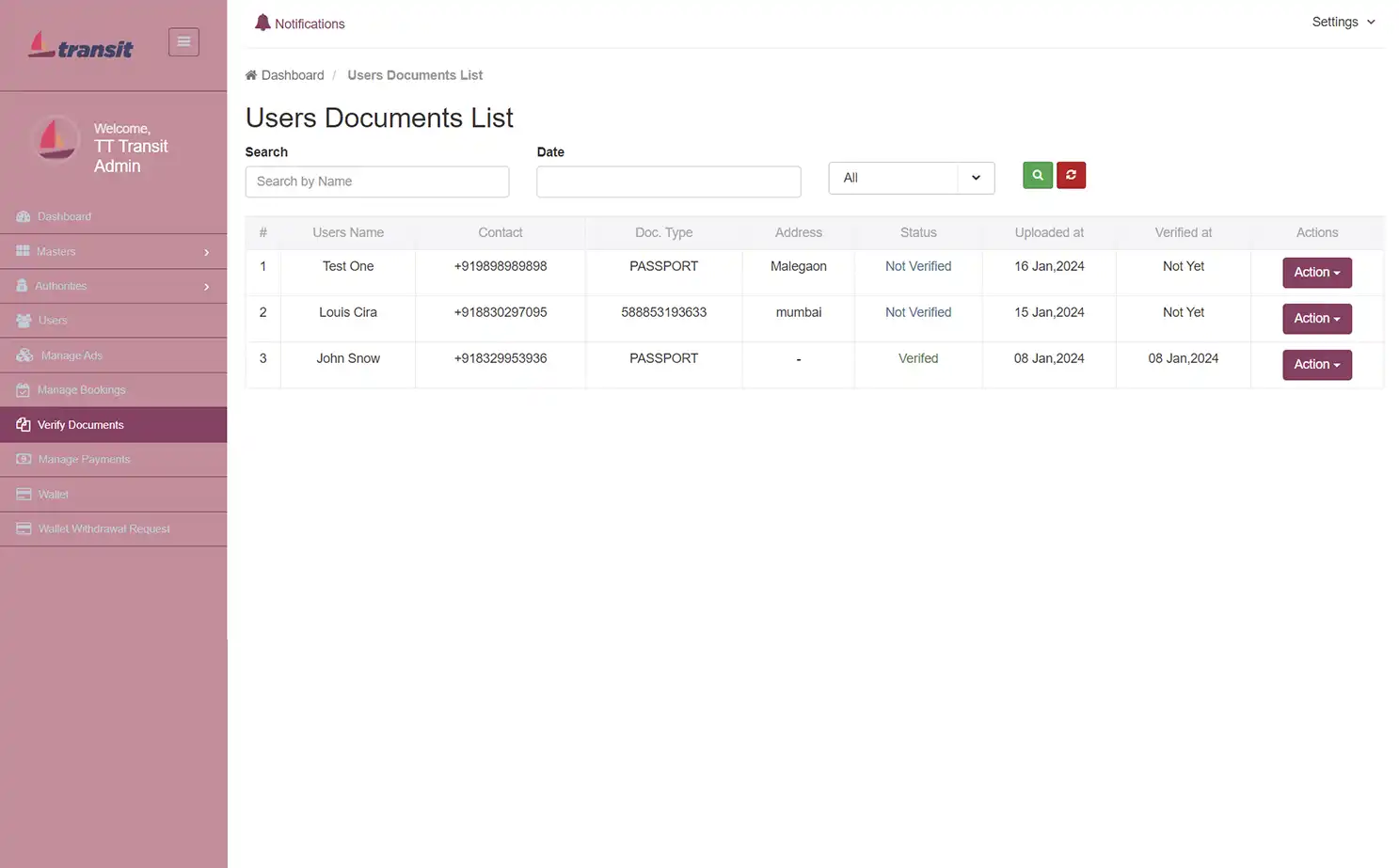 Transport management — admin — Users Documents List