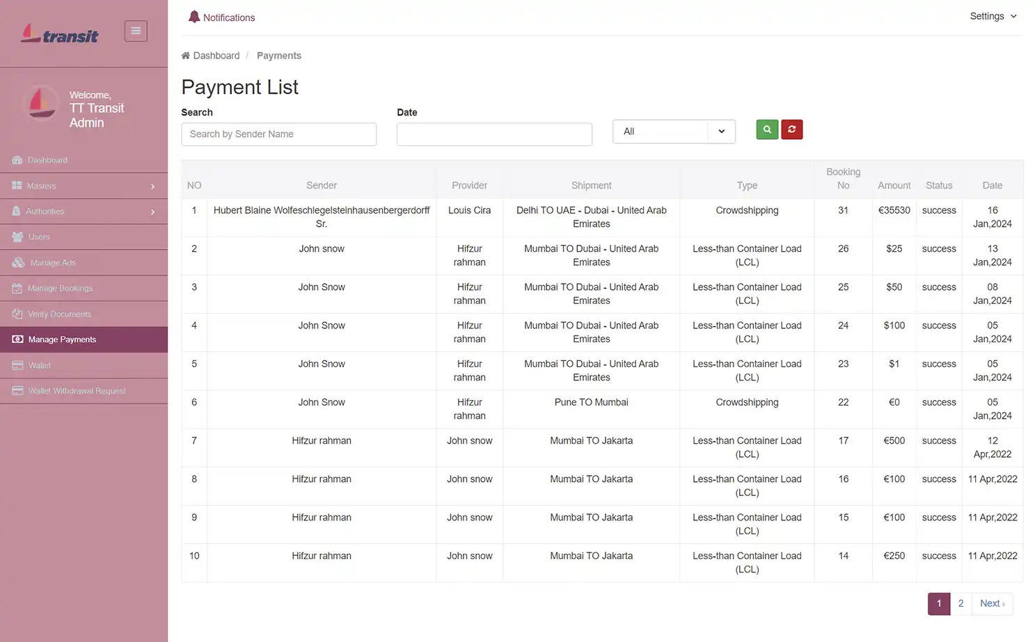Transport management — admin — Payment List